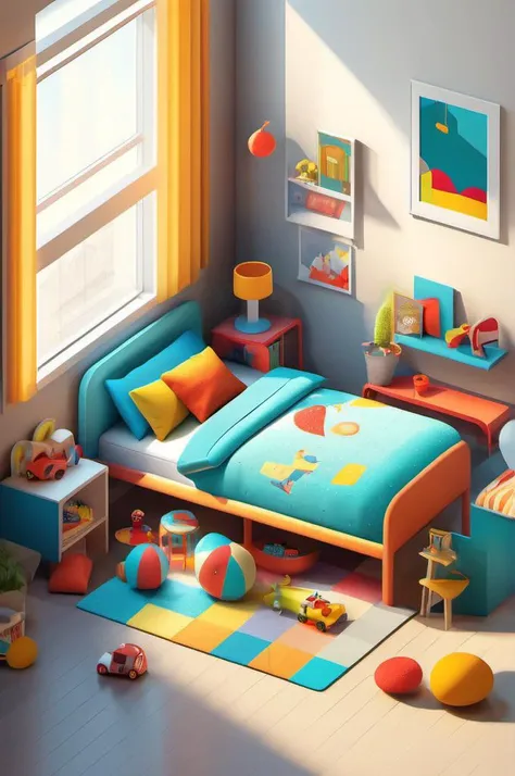 <lora:Isometric Cutaway:1>,
Isometric Cutaway ,
An Image illustrating a colorful kid bed and toys .
The background shows a kid room and a bright window