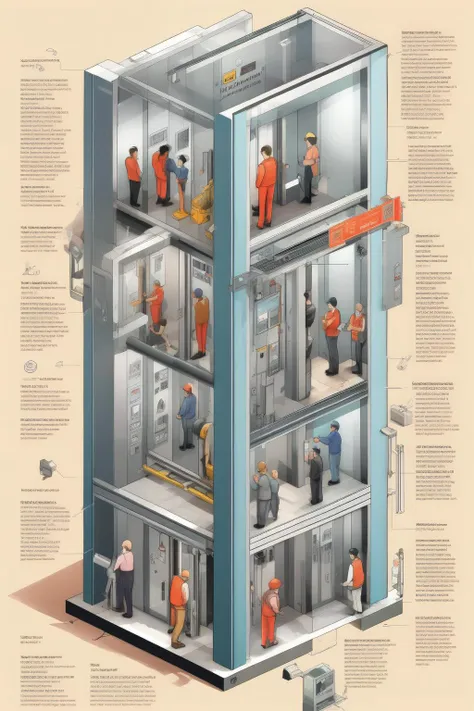 <lora:Isometric Cutaway:1>,Isometric Cutaway - An Image illustrating the instructions for the installation of elevator vehicles. The background shows the elevator vehicle installation scene, accompanied by illustrations or pictures that demonstrate the correct installation steps. The accompanying text instructions are presented in a clear and understandable manner, helping users to easily complete the installation of the elevator vehicle.