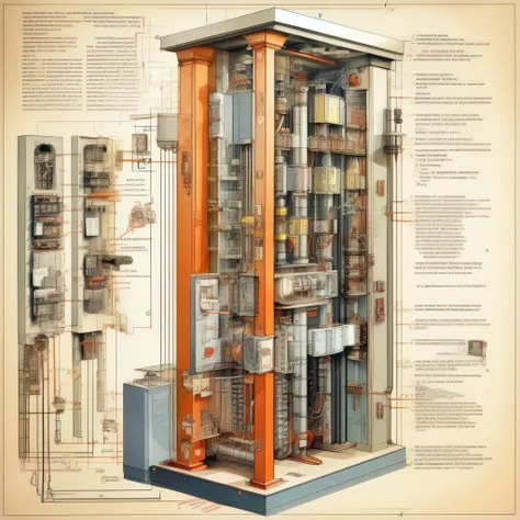 <lora:Isometric Cutaway:1>,Isometric Cutaway ,The electrical schematic diagram of the elevator is explained and the role of each electrical circuit is explained.
