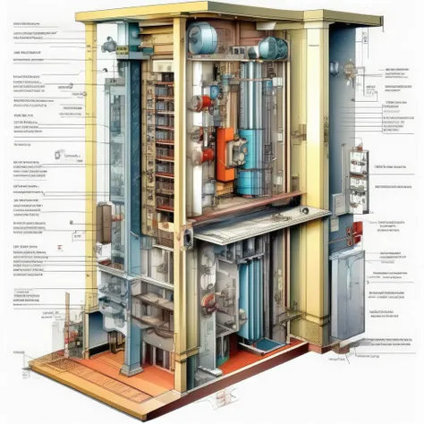 <lora:Isometric Cutaway:1>,Isometric Cutaway ,The electrical schematic diagram of the elevator is explained and the role of each electrical circuit is explained.