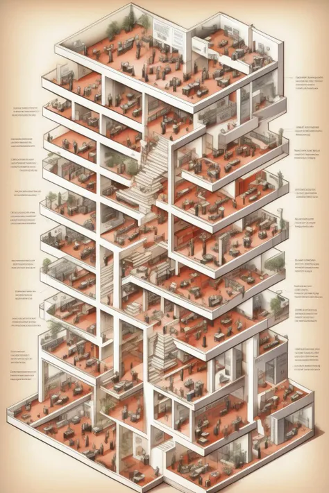 <lora:Isometric Cutaway:1>Isometric Cutaway - a diagram of an office floor with a high hierarchy and bureaucracy, organized in lines of production, following the principles of cientific managment, with workers grouped in individual spaces and separete rooms, following the hierarchy levels, as a reference of the larking building from frank lloyd wright