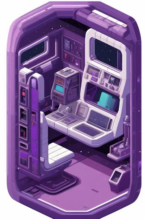 <lora:Isometric Cutaway:1>Isometric Cutaway - Isometric clean pixel art image cutaway of inside of spaceship cockpit, hight-tech, Futurism, White background, simple coloring, embellishment could use a little bit of purple, Some computers and operating desks, sleep cabins