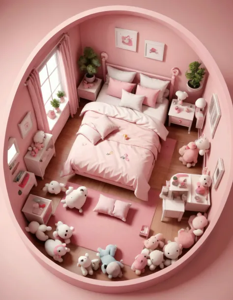 isometric view, birds eye view of a cute pink bedroom, lots of stuffed toys