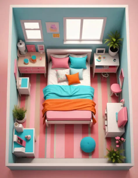 isometric view, birds eye view of a cute square colorful girls bedroom