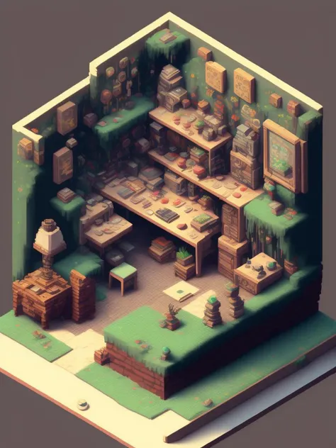 <lora:IsometricCutaway:1>isometric terraria table architecture, 16 bit, videogame, perspective + studio ghibli, anime, kyoto animation, ultra-detailed, pixel art, pastel colors, videogame concept