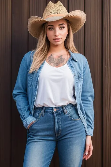 DEN_apex_SG,
(country beauty posing against a wooden fence with a plaid shirt and jeans and a cowboy hat, cow girl, country girl, cow girl:1.2),
bokeh, f1.4, 40mm, photorealistic, raw, 8k, textured skin, skin pores, intricate details <lora:epi_noiseoffset2:1>, epiCRealism <lora:ClothingAdjuster3:-1>