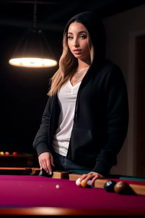 DEN_korina_kova,
(playing snooker in a dark atmospheric pool hall wearing casual clothing and a hoodie, atmospheric, snooker, cue, playing snooker, leaning over the table:1.2),
bokeh, f1.4, 40mm, photorealistic, raw, 8k, textured skin, skin pores, intricate details <lora:epi_noiseoffset2:1>, epiCRealism