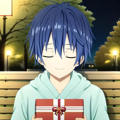 itsuka shido, 1boy, male focus, solo, blue hair, closed eyes, smile, close mouth, bench, night, park bench, gift, lamppost, tree, park, box, upper body, sky, outdoors,