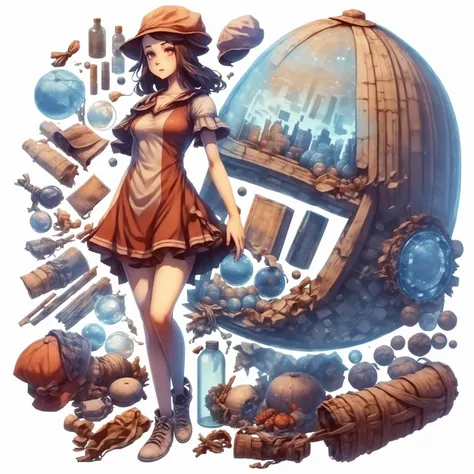 1girl, book,hat,cap,football,bottle,dress,computer,shoe,glass, white background, full body, 3d <lora:fgs_pro:1>