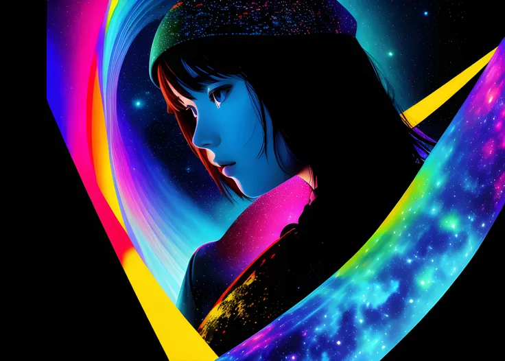 masterpiece, 1girl, space, spacecraft, looking back, ligne claire, flat color, high contrast, chromatic aberration, Plorenzo lanfanconi art, waterfall, vibrant colors, colorful, abstract paint, paint on canvas, detailed, intricate, layered