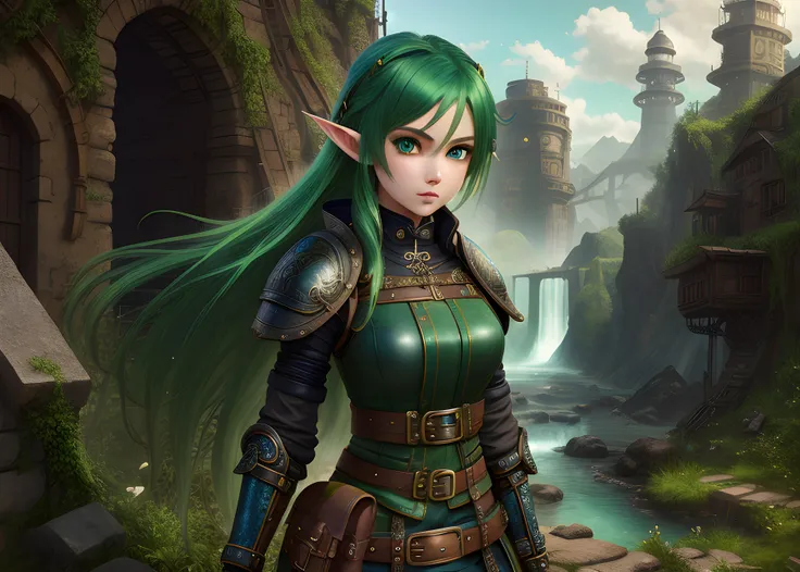 (masterpiece, best quality), intricate details, 1girl, green hair, blue eyes, elf, black leather armor, explorers satchel, steampunkai, postapocalypse, rugged, gritty, dirty, fantasy, debris, destroyed village,