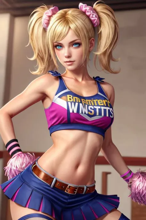 (masterpiece, best quality, highres, absurdres, ultra-detailed:1.3), 1girl, <lora:lollipopchainsaw_julietstarling-10:0.7>(juliet starling, twintails,cheerleader, crop top, clothes writing, skirt, thighhighs, belt, wristband, midriff, blonde hair, blue eyes:1.3)(school gymnasium, wink, happy), <lora:add_detail_v1:0.5>