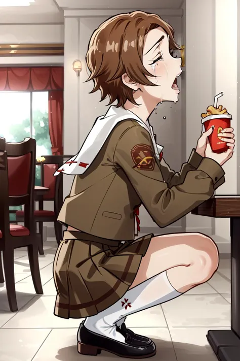 (masterpiece, best quality),  intricate details,
 1girl,   <lora:masaki-nvwls-v1:0.8> kurosaki masaki, serafuku, brown uniform, long sleeves, pleated skirt, socks, loafers
 <lora:CryingAsagiriAya:0.8> CryingAsagiriAya, closed eyes, indoors, mcdonalds, french fries, food,