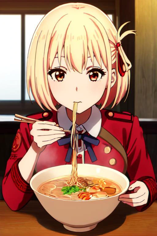 best quality,high resolution,extremely detailed CG, detailed face, looking at viewer, <lora:chisatonishikigis1-lora-nochekaiser:0.8> chisato nishikigi, lycoris uniform, bob cut, blonde hair,hair ribbon,sitting <lora:ramen_v1.4:0.8> ramen, chopsticks, holding chopsticks, eating, upper body