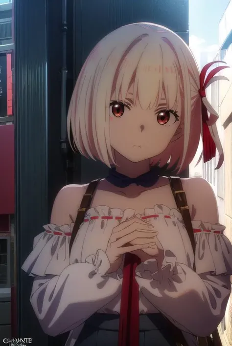 chisatonishikigi, <lora:chisatonishikigis1-lora-nochekaiser:1>, 
chisato nishikigi, short hair, bangs, blonde hair, (red eyes:1.5), hair ribbon, one side up, bob cut,
BREAK shirt, bare shoulders, twintails, collarbone, hair ribbon, white shirt, frills, off shoulder, red ribbon, short twintails, off-shoulder shirt, frilled shirt,
BREAK outdoors, city,
BREAK looking at viewer, (cowboy shot:1.5),
BREAK <lyco:GoodHands-beta2:1>, (masterpiece:1.2), best quality, high resolution, unity 8k wallpaper, (illustration:0.8), (beautiful detailed eyes:1.6), extremely detailed face, perfect lighting, extremely detailed CG, (perfect hands, perfect anatomy),
