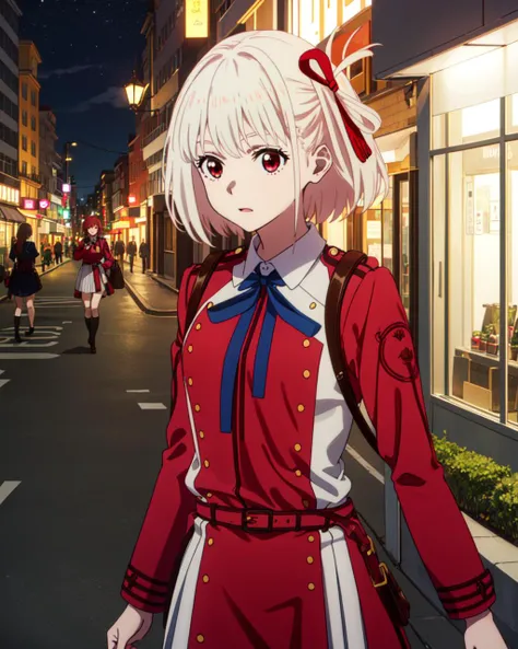 masterpiece, high quality, 1girl, outdoors, city, street, night, walking, <lora:chisatonishikigis1-lora-nochekaiser:1>, shirt, long sleeves, dress, ribbon, white shirt, collared shirt, belt, neck ribbon, red dress with grey sides, blue ribbon, pleated dress, two-tone dress, red belt, lycoris uniform, medium shot, upper body