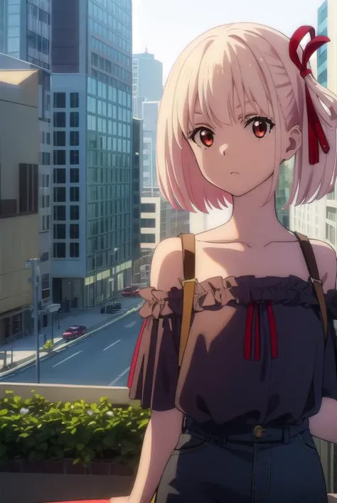 chisatonishikigi, <lora:chisatonishikigis1-lora-nochekaiser:1>, 
chisato nishikigi, short hair, bangs, blonde hair, (red eyes:1.5), hair ribbon, one side up, bob cut,
BREAK shirt, bare shoulders, twintails, collarbone, hair ribbon, white shirt, frills, off shoulder, red ribbon, short twintails, off-shoulder shirt, frilled shirt,
BREAK outdoors, city,
BREAK looking at viewer, (cowboy shot:1.5),
BREAK <lyco:GoodHands-beta2:1>, (masterpiece:1.2), best quality, high resolution, unity 8k wallpaper, (illustration:0.8), (beautiful detailed eyes:1.6), extremely detailed face, perfect lighting, extremely detailed CG, (perfect hands, perfect anatomy),