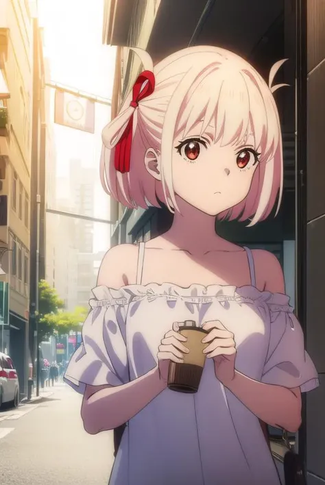chisatonishikigi, <lora:chisatonishikigis1-lora-nochekaiser:1>, 
chisato nishikigi, short hair, bangs, blonde hair, (red eyes:1.5), hair ribbon, one side up, bob cut,
BREAK shirt, bare shoulders, twintails, collarbone, hair ribbon, white shirt, frills, off shoulder, red ribbon, short twintails, off-shoulder shirt, frilled shirt,
BREAK outdoors, city,
BREAK looking at viewer, (cowboy shot:1.5),
BREAK <lyco:GoodHands-beta2:1>, (masterpiece:1.2), best quality, high resolution, unity 8k wallpaper, (illustration:0.8), (beautiful detailed eyes:1.6), extremely detailed face, perfect lighting, extremely detailed CG, (perfect hands, perfect anatomy),