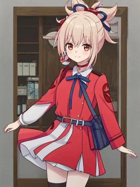 masterpiece, best quality,1girl,solo,absurdres, <lora:yoimiya (1):0.75>,yoimiya, solo, ponytail, hair ornament, choker, red choker,orange eyes, <lora:chisatonishikigis1-lora-nochekaiser:0.7>,shirt, long sleeves, dress, ribbon, white shirt, collared shirt, belt, neck ribbon, red dress, blue ribbon, pleated dress, grey dress, two-tone dress, red belt, lycoris uniform,cowboy shot,smile,white thighhighs,
