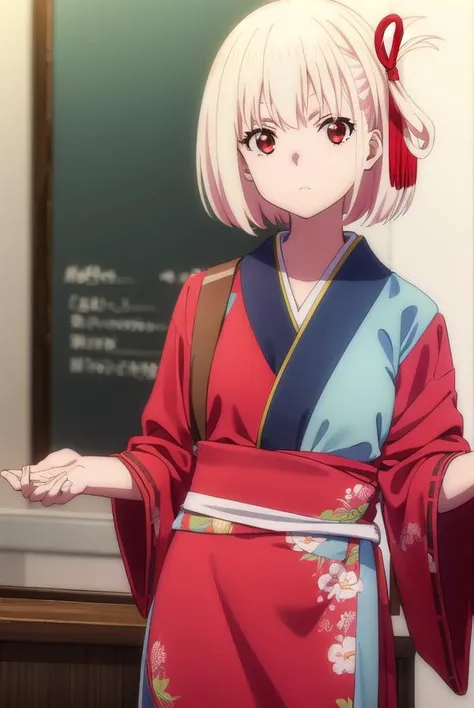 chisatonishikigi, <lora:chisatonishikigis1-lora-nochekaiser:1>,
chisato nishikigi, short hair, bangs, blonde hair, (red eyes:1.5), hair ribbon, one side up, bob cut,
BREAK japanese clothes, kimono, apron, red ribbon, waitress, red kimono,
BREAK indoors, cafe, restaurant,
BREAK looking at viewer, (cowboy shot:1.5),
BREAK <lyco:GoodHands-beta2:1>, (masterpiece:1.2), best quality, high resolution, unity 8k wallpaper, (illustration:0.8), (beautiful detailed eyes:1.6), extremely detailed face, perfect lighting, extremely detailed CG, (perfect hands, perfect anatomy),