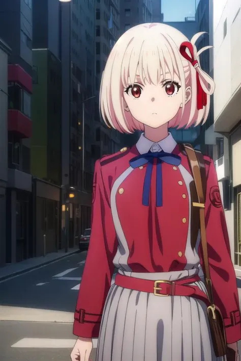 chisatonishikigi, <lora:chisatonishikigis1-lora-nochekaiser:1>,
chisato nishikigi, short hair, bangs, blonde hair, (red eyes:1.5), hair ribbon, one side up, bob cut,
BREAK shirt, long sleeves, dress, ribbon, white shirt, collared shirt, belt, neck ribbon, red dress, blue ribbon, pleated dress, grey dress, two-tone dress, red belt, lycoris uniform,
BREAK outdoors, city,
BREAK looking at viewer, (cowboy shot:1.5),
BREAK <lyco:GoodHands-beta2:1>, (masterpiece:1.2), best quality, high resolution, unity 8k wallpaper, (illustration:0.8), (beautiful detailed eyes:1.6), extremely detailed face, perfect lighting, extremely detailed CG, (perfect hands, perfect anatomy),