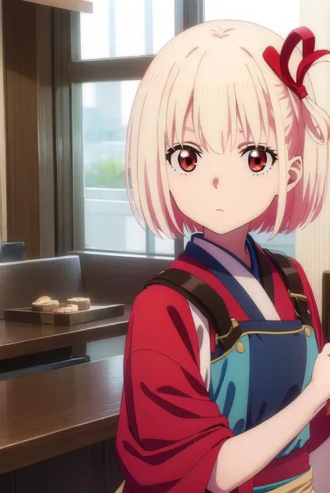 chisatonishikigi, <lora:chisatonishikigis1-lora-nochekaiser:1>,
chisato nishikigi, short hair, bangs, blonde hair, (red eyes:1.5), hair ribbon, one side up, bob cut,
BREAK japanese clothes, kimono, apron, red ribbon, waitress, red kimono,
BREAK indoors, cafe, restaurant,
BREAK looking at viewer, (cowboy shot:1.5),
BREAK <lyco:GoodHands-beta2:1>, (masterpiece:1.2), best quality, high resolution, unity 8k wallpaper, (illustration:0.8), (beautiful detailed eyes:1.6), extremely detailed face, perfect lighting, extremely detailed CG, (perfect hands, perfect anatomy),