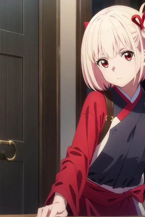 chisatonishikigi, <lora:chisatonishikigis1-lora-nochekaiser:1>, 
chisato nishikigi, short hair, bangs, blonde hair, (red eyes:1.5), hair ribbon, one side up, bob cut,
BREAK japanese clothes, kimono, apron, red ribbon, waitress, red kimono,
BREAK indoors, cafe, restaurant,
BREAK looking at viewer, (cowboy shot:1.5),
BREAK <lyco:GoodHands-beta2:1>, (masterpiece:1.2), best quality, high resolution, unity 8k wallpaper, (illustration:0.8), (beautiful detailed eyes:1.6), extremely detailed face, perfect lighting, extremely detailed CG, (perfect hands, perfect anatomy),
