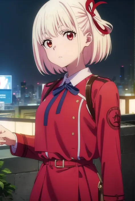 chisatonishikigi, <lora:chisatonishikigis1-lora-nochekaiser:1>, 
chisato nishikigi, short hair, bangs, blonde hair, (red eyes:1.5), hair ribbon, one side up, bob cut,
BREAK shirt, long sleeves, dress, ribbon, white shirt, collared shirt, belt, neck ribbon, red dress, blue ribbon, pleated dress, grey dress, two-tone dress, red belt, lycoris uniform,
BREAK outdoors, city,
BREAK looking at viewer, (cowboy shot:1.5),
BREAK <lyco:GoodHands-beta2:1>, (masterpiece:1.2), best quality, high resolution, unity 8k wallpaper, (illustration:0.8), (beautiful detailed eyes:1.6), extremely detailed face, perfect lighting, extremely detailed CG, (perfect hands, perfect anatomy),