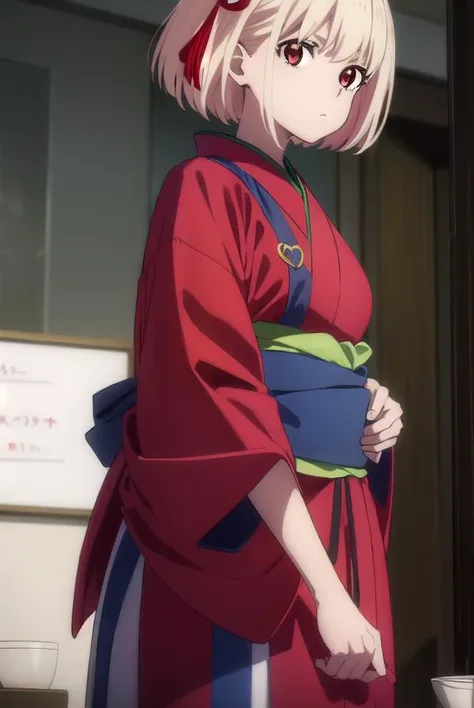 chisatonishikigi, <lora:chisatonishikigis1-lora-nochekaiser:1>, 
chisato nishikigi, short hair, bangs, blonde hair, (red eyes:1.5), hair ribbon, one side up, bob cut,
BREAK japanese clothes, kimono, apron, red ribbon, waitress, red kimono,
BREAK indoors, cafe, restaurant,
BREAK looking at viewer, (cowboy shot:1.5),
BREAK <lyco:GoodHands-beta2:1>, (masterpiece:1.2), best quality, high resolution, unity 8k wallpaper, (illustration:0.8), (beautiful detailed eyes:1.6), extremely detailed face, perfect lighting, extremely detailed CG, (perfect hands, perfect anatomy),