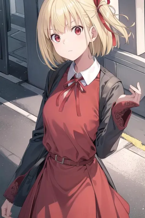 chisatonishikigi, <lora:chisatonishikigichickeiii-lora-nochekaiser:1>,
nishikigi chisato, short hair, bangs, blonde hair, (red eyes:1.5), hair ribbon, one side up, bob cut,
BREAK shirt, long sleeves, dress, ribbon, white shirt, collared shirt, belt, neck ribbon, red dress, blue ribbon, pleated dress, red belt, lycoris uniform,
BREAK outdoors, city,
BREAK looking at viewer, (cowboy shot:1.5),
BREAK <lyco:GoodHands-beta2:1>, (masterpiece:1.2), best quality, high resolution, unity 8k wallpaper, (illustration:0.8), (beautiful detailed eyes:1.6), extremely detailed face, perfect lighting, extremely detailed CG, (perfect hands, perfect anatomy),