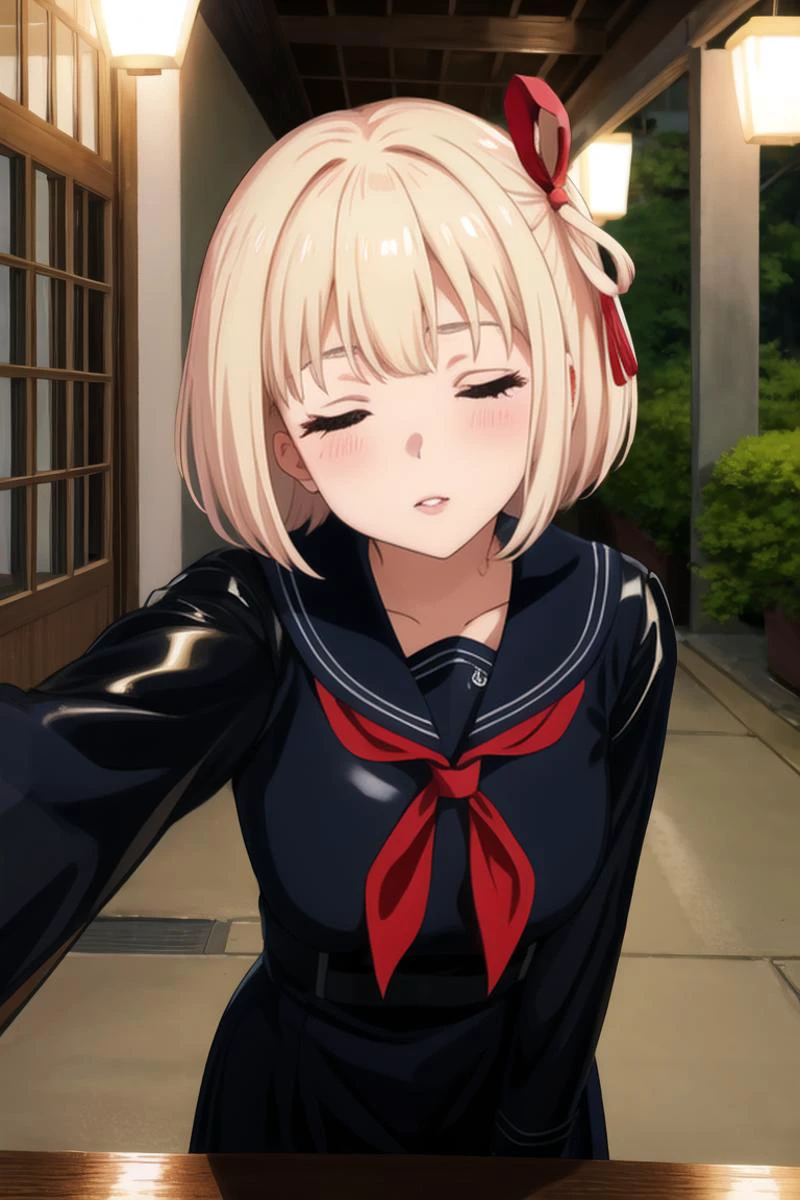 <lora:chisatonishikigis1-lora-nochekaiser:0.55> chisato nishikigi, short hair, bangs, blonde hair, hair ribbon, one side up, bob cut, best quality, (8k), (4k),(Masterpiece), (Best Quality), extremely detailed, intricate, hyper detailed, (perfect face), illustration, perfect_eyes, (1girl), bishoujo, (portrait), indoors, (pov:1.2), student, (school ,courtyard,outside,night):1.3,(black latex sailor dress), (standing),leaning forward,(kiss,kissing viewer):1.3,blush,closed eyes, looking at viewer,upper body focus, <lora:more_details:0.2> <lora:BDSMClothing-v1:0.4>
