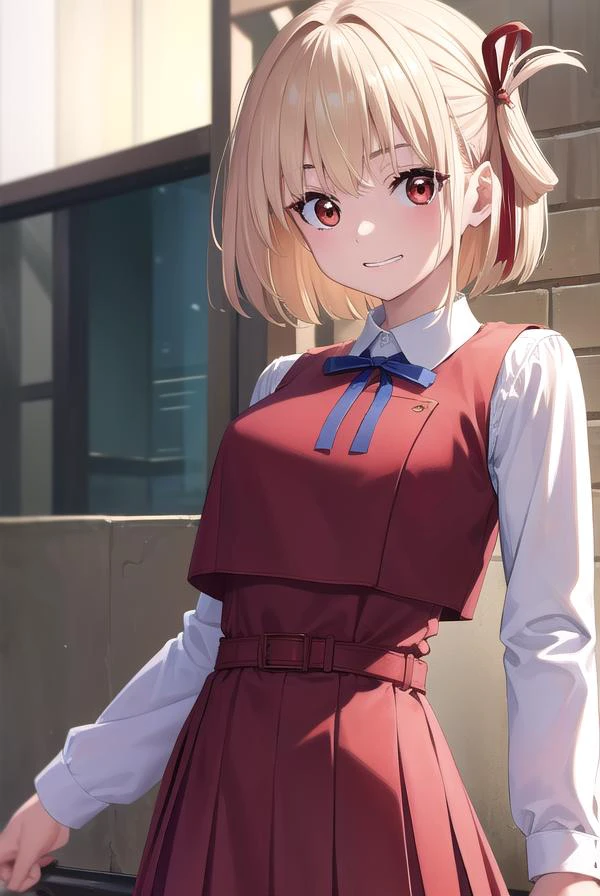 chisatonishikigi, <lora:chisatonishikigi-lora-nochekaiser:1>,
nishikigi chisato, short hair, bangs, blonde hair, (red eyes:1.5), hair ribbon, one side up, bob cut, <lora:talkmouth_I_v100:1>, open mouth,
BREAK shirt, long sleeves, dress, ribbon, white shirt, collared shirt, belt, neck ribbon, red dress, blue ribbon, pleated dress, grey dress, two-tone dress, red belt, lycoris uniform,
BREAK outdoors, city,
BREAK looking at viewer, (cowboy shot:1.5),
BREAK <lyco:GoodHands-beta2:1>, (masterpiece:1.2), best quality, high resolution, unity 8k wallpaper, (illustration:0.8), (beautiful detailed eyes:1.6), extremely detailed face, perfect lighting, extremely detailed CG, (perfect hands, perfect anatomy),