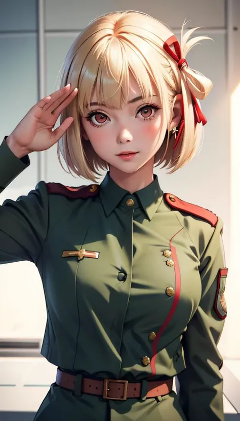 (masterpiece, best quality),
<lora:chisatonishikigitest:0.8>,1girl, solo, beautiful, (smile:0.4),
nishikigi chisato, short hair, bangs, blonde hair, (red eyes), hair ribbon, one side up, bob cut,
green military uniform, salute, military badge, in an airfield,gun,