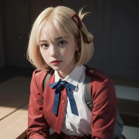 1girl,full body,(looking at viewer:1.2),solo,best quality,8K,realistic,realistic texture,HDR,masterpiece,Highly detailed,Professional,Photography,ultra high res,(photorealistic:1.4),white background,closed mouth,<lora:cute tiktok girl mix_V3:0.2>,sling, <lora:chisatonishikigitest:1>, <lora:GoodHands-vanilla:1>,nishikigi chisato, short hair, bangs, (blonde hair), (red eyes:1.5), hair ribbon, one side up, bob cut,shirt, long sleeves, dress, ribbon, white shirt, collared shirt, belt, neck ribbon, red dress, blue ribbon, pleated dress, grey dress, two-tone dress, red belt, lycoris uniform,