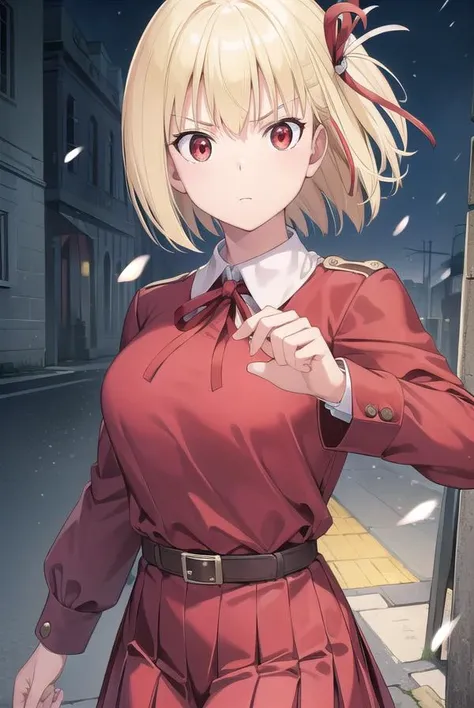 chisatonishikigi, <lora:chisatonishikigichickeiii-lora-nochekaiser:1>,
nishikigi chisato, short hair, bangs, blonde hair, (red eyes:1.5), hair ribbon, one side up, bob cut,
BREAK shirt, long sleeves, dress, ribbon, white shirt, collared shirt, belt, neck ribbon, red dress, blue ribbon, pleated dress, red belt, lycoris uniform,
BREAK outdoors, city,
BREAK looking at viewer, (cowboy shot:1.5),
BREAK <lyco:GoodHands-beta2:1>, (masterpiece:1.2), best quality, high resolution, unity 8k wallpaper, (illustration:0.8), (beautiful detailed eyes:1.6), extremely detailed face, perfect lighting, extremely detailed CG, (perfect hands, perfect anatomy),