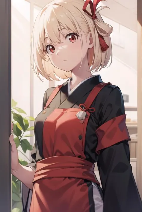 chisatonishikigi, <lora:chisatonishikigitest:1>, nishikigi chisato, short hair, bangs, blonde hair, (red eyes:1.5), hair ribbon, one side up, bob cut,
BREAK japanese clothes, kimono, apron, red ribbon, waitress, red kimono,
BREAK outdoors, track and field,
BREAK looking at viewer, BREAK <lora:GoodHands-vanilla:1>, (masterpiece:1.2), best quality, high resolution, unity 8k wallpaper, (illustration:0.8), (beautiful detailed eyes:1.6), extremely detailed face, perfect lighting, extremely detailed CG, (perfect hands, perfect anatomy),