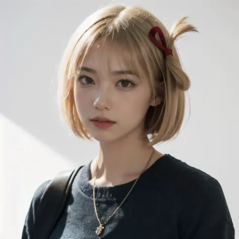 1girl,full body,(looking at viewer:1.2),solo,best quality,8K,realistic,realistic texture,HDR,masterpiece,Highly detailed,Professional,Photography,ultra high res,(photorealistic:1.4),white background,closed mouth,<lora:cute tiktok girl mix_V3:0.6>,sling, <lora:chisatonishikigitest:1>, <lora:GoodHands-vanilla:1>,nishikigi chisato, short hair, bangs, (blonde hair), (red eyes:1.5), hair ribbon, one side up, bob cut,