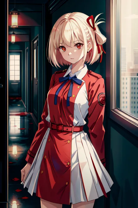 nishikigi chisato, short hair, bangs, blonde hair, (red eyes:1.5), hair ribbon, one side up, bob cut, shirt, long sleeves, dress, ribbon, white shirt, collared shirt, belt, neck ribbon, red dress, blue ribbon, pleated dress, grey dress, two-tone dress, red belt, lycoris uniform, blood stains, in abadoned building, hallway, blood on floor, broken glass, broken windows, fierce look, hands behind back, angry,masterpiece, best quality, <lora:chisatonishikigitest:.7> <lora:add_detail:.5>