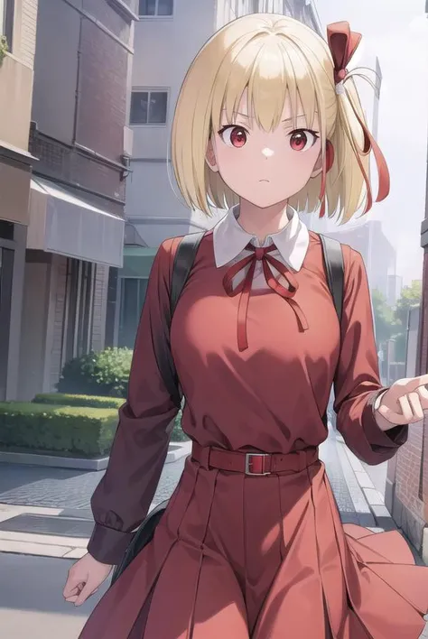 chisatonishikigi, <lora:chisatonishikigichickeiii-lora-nochekaiser:1>,
nishikigi chisato, short hair, bangs, blonde hair, (red eyes:1.5), hair ribbon, one side up, bob cut,
BREAK shirt, long sleeves, dress, ribbon, white shirt, collared shirt, belt, neck ribbon, red dress, blue ribbon, pleated dress, red belt, lycoris uniform,
BREAK outdoors, city,
BREAK looking at viewer, (cowboy shot:1.5),
BREAK <lyco:GoodHands-beta2:1>, (masterpiece:1.2), best quality, high resolution, unity 8k wallpaper, (illustration:0.8), (beautiful detailed eyes:1.6), extremely detailed face, perfect lighting, extremely detailed CG, (perfect hands, perfect anatomy),