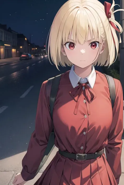 chisatonishikigi, <lora:chisatonishikigichickeiii-lora-nochekaiser:1>,
nishikigi chisato, short hair, bangs, blonde hair, (red eyes:1.5), hair ribbon, one side up, bob cut,
BREAK shirt, long sleeves, dress, ribbon, white shirt, collared shirt, belt, neck ribbon, red dress, blue ribbon, pleated dress, red belt, lycoris uniform,
BREAK outdoors, city,
BREAK looking at viewer, (cowboy shot:1.5),
BREAK <lyco:GoodHands-beta2:1>, (masterpiece:1.2), best quality, high resolution, unity 8k wallpaper, (illustration:0.8), (beautiful detailed eyes:1.6), extremely detailed face, perfect lighting, extremely detailed CG, (perfect hands, perfect anatomy),