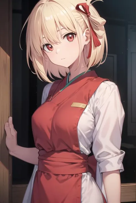 chisatonishikigi, <lora:chisatonishikigitest:1>, nishikigi chisato, short hair, bangs, blonde hair, (red eyes:1.5), hair ribbon, one side up, bob cut,
BREAK japanese clothes, kimono, apron, red ribbon, waitress, red kimono,
BREAK outdoors, track and field,
BREAK looking at viewer, BREAK <lora:GoodHands-vanilla:1>, (masterpiece:1.2), best quality, high resolution, unity 8k wallpaper, (illustration:0.8), (beautiful detailed eyes:1.6), extremely detailed face, perfect lighting, extremely detailed CG, (perfect hands, perfect anatomy),