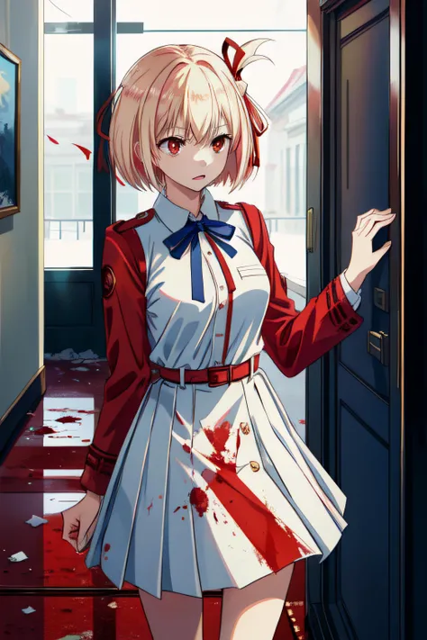 nishikigi chisato, short hair, bangs, blonde hair, (red eyes:1.5), hair ribbon, one side up, bob cut, shirt, long sleeves, dress, ribbon, white shirt, collared shirt, belt, neck ribbon, red dress, blue ribbon, pleated dress, grey dress, two-tone dress, red belt, lycoris uniform, blood stains, in abadoned building, hallway, blood on floor, broken glass, broken windows, fierce look, hands behind back, angry,masterpiece, best quality, <lora:chisatonishikigitest:.7> <lora:add_detail:.5>