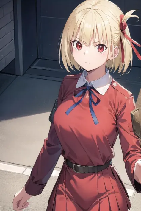 chisatonishikigi, <lora:chisatonishikigichickeiii-lora-nochekaiser:1>,
nishikigi chisato, short hair, bangs, blonde hair, (red eyes:1.5), hair ribbon, one side up, bob cut,
BREAK shirt, long sleeves, dress, ribbon, white shirt, collared shirt, belt, neck ribbon, red dress, blue ribbon, pleated dress, red belt, lycoris uniform,
BREAK outdoors, city,
BREAK looking at viewer, (cowboy shot:1.5),
BREAK <lyco:GoodHands-beta2:1>, (masterpiece:1.2), best quality, high resolution, unity 8k wallpaper, (illustration:0.8), (beautiful detailed eyes:1.6), extremely detailed face, perfect lighting, extremely detailed CG, (perfect hands, perfect anatomy),