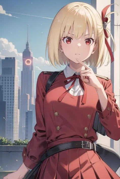 chisatonishikigi, <lora:chisatonishikigichickeiii-lora-nochekaiser:1>,
nishikigi chisato, short hair, bangs, blonde hair, (red eyes:1.5), hair ribbon, one side up, bob cut,
BREAK shirt, long sleeves, dress, ribbon, white shirt, collared shirt, belt, neck ribbon, red dress, blue ribbon, pleated dress, red belt, lycoris uniform,
BREAK outdoors, city,
BREAK looking at viewer, (cowboy shot:1.5),
BREAK <lyco:GoodHands-beta2:1>, (masterpiece:1.2), best quality, high resolution, unity 8k wallpaper, (illustration:0.8), (beautiful detailed eyes:1.6), extremely detailed face, perfect lighting, extremely detailed CG, (perfect hands, perfect anatomy),