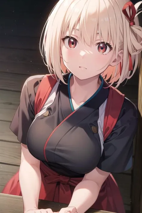 chisatonishikigi, <lora:chisatonishikigitest:1>, nishikigi chisato, short hair, bangs, blonde hair, (red eyes:1.5), hair ribbon, one side up, bob cut,
BREAK japanese clothes, kimono, apron, red ribbon, waitress, red kimono,
BREAK outdoors, track and field,
BREAK looking at viewer, BREAK <lora:GoodHands-vanilla:1>, (masterpiece:1.2), best quality, high resolution, unity 8k wallpaper, (illustration:0.8), (beautiful detailed eyes:1.6), extremely detailed face, perfect lighting, extremely detailed CG, (perfect hands, perfect anatomy),