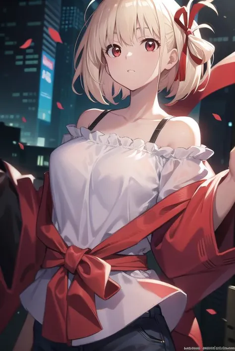 chisatonishikigi, <lora:chisatonishikigitest:1>, nishikigi chisato, short hair, bangs, blonde hair, (red eyes:1.5), hair ribbon, one side up, bob cut,
BREAK shirt, bare shoulders, twintails, collarbone, hair ribbon, white shirt, frills, off shoulder, red ribbon, short twintails, off-shoulder shirt, frilled shirt,
BREAK outdoors, city,
BREAK looking at viewer, BREAK <lora:GoodHands-vanilla:1>, (masterpiece:1.2), best quality, high resolution, unity 8k wallpaper, (illustration:0.8), (beautiful detailed eyes:1.6), extremely detailed face, perfect lighting, extremely detailed CG, (perfect hands, perfect anatomy),