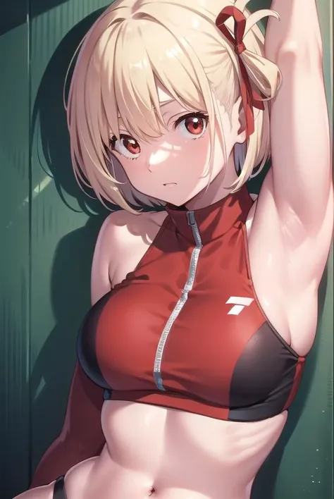 chisatonishikigi, <lora:chisatonishikigitest:1>, nishikigi chisato, short hair, bangs, blonde hair, (red eyes:1.5), hair ribbon, one side up, bob cut,
BREAK navel, bare shoulders, thighs, stomach, crop top, buruma, sportswear, zipper pull tab, red buruma, sports bikini,
BREAK outdoors, track and field,
BREAK looking at viewer, BREAK <lora:GoodHands-vanilla:1>, (masterpiece:1.2), best quality, high resolution, unity 8k wallpaper, (illustration:0.8), (beautiful detailed eyes:1.6), extremely detailed face, perfect lighting, extremely detailed CG, (perfect hands, perfect anatomy),