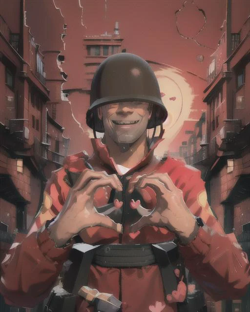 masterpiece, solo, tf2soldier, redteam, helmet, red jacket, bandolier, two grenades, covered eyes, (heart hands:1.5), smiling, smiling at viewer, detailed background, outdoors, <lora:soldierlorav3:1>