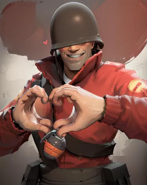 masterpiece, solo, tf2soldier, redteam, helmet, red jacket, bandolier, two grenades, covered eyes, (heart hands:1.5), smiling, smiling at viewer, detailed background, outdoors, <lora:soldierlorav3:1>
