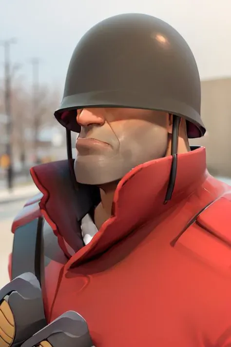 masterpiece, solo, tf2soldier, redteam, helmet, red jacket, bandolier, grenade, half-length portrait, upper body , detailed background, outdoors,  <tf2 <lora:soldierlorav3:1>